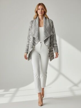 Ricki’s Cardigan Open Front Draped Collar Waterfall Sweater Grey White XS